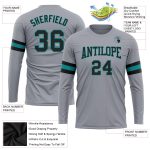 Custom Team Performance T-Shirt with Name and Number - Personalized Gray Black Aqua Long Sleeve Personalized Gray Black-Aqua