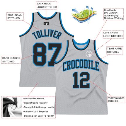 Custom Name and Number Authentic Basketball Jersey - Personalized Gray Black-Blue Throwback Style Personalized Gray Black-Blue