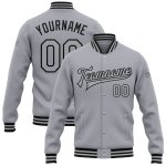 Custom Gray Black Varsity Letterman Jacket, Personalized Team Name & Number - Full-Snap Bomber Style Personalized Gray Black