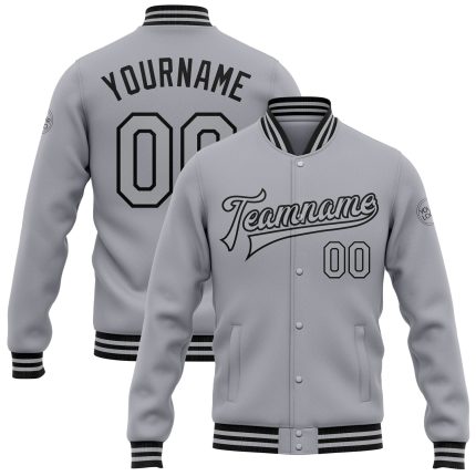 Custom Gray Black Varsity Letterman Jacket, Personalized Team Name & Number - Full-Snap Bomber Style Personalized Gray Black