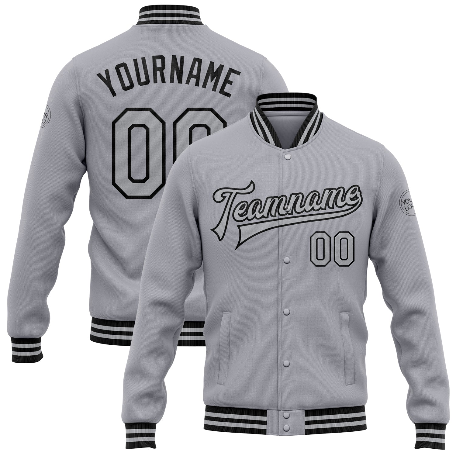 Custom Gray Black Varsity Letterman Jacket, Personalized Team Name & Number - Full-Snap Bomber Style Personalized Gray Black