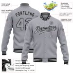 Custom Gray Black Varsity Letterman Jacket, Personalized Team Name & Number - Full-Snap Bomber Style Personalized Gray Black