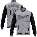 Custom Name and Number Two Tone Bomber Varsity Jacket in Gray Black - Personalized Full-Snap Letterman Jacket Personalized