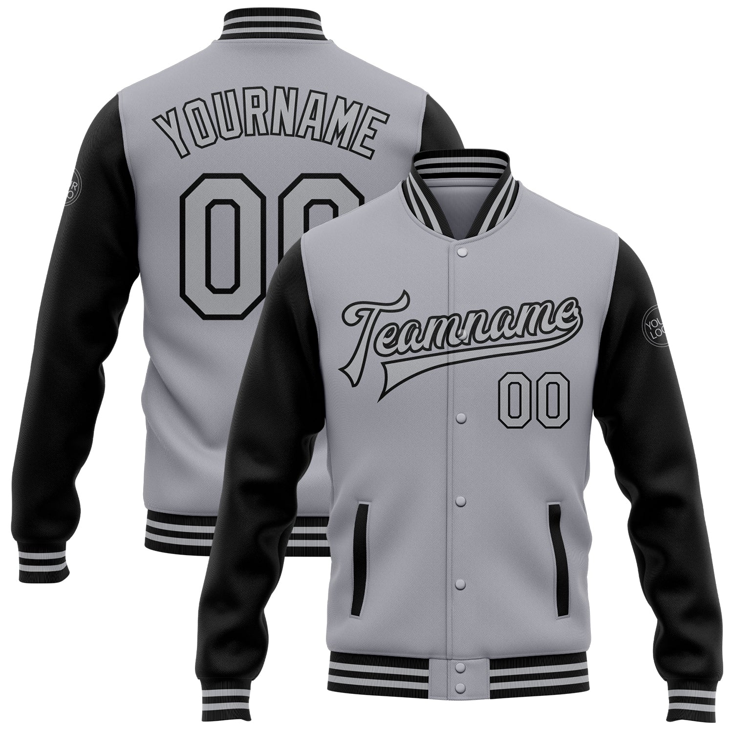 Custom Name and Number Two Tone Bomber Varsity Jacket in Gray Black - Personalized Full-Snap Letterman Jacket Personalized