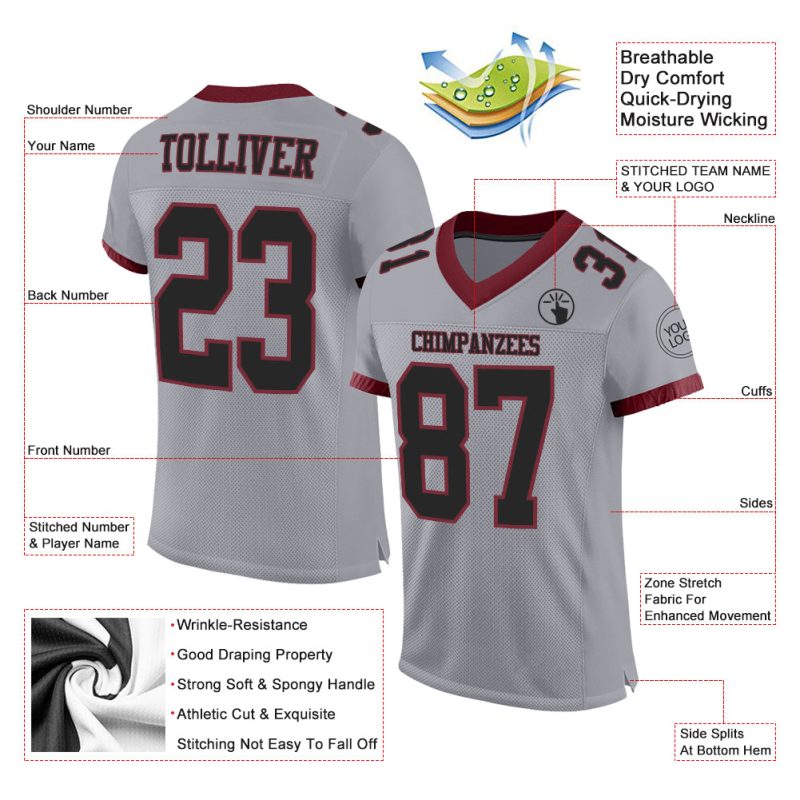Custom Name Number Football Jersey - Personalized Gray Black Burgundy Authentic Mesh Team Apparel Personalized Gray Black-Burgundy