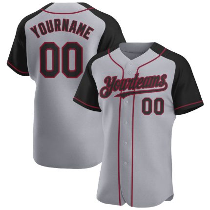 Custom Name Number Gray Black Crimson Baseball Jersey Personalized Raglan Sleeves Authentic Personalized Gray Black-Crimson