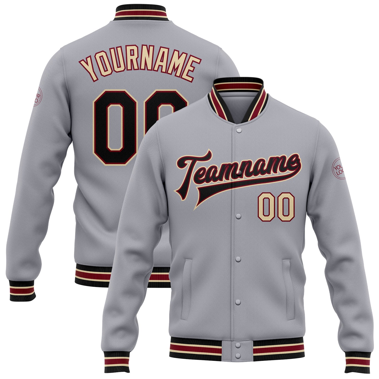 Custom Team Name Number Gray Black Crimson Varsity Letterman Bomber Jacket Full-Snap Cream Personalized Gray Black Crimson-City