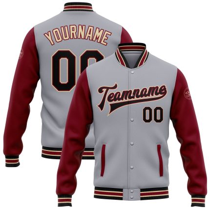 Custom Name and Number Gray Black Crimson Two Tone Bomber Varsity Letterman Jacket - Personalized Full-Snap Team Jacket Personalized