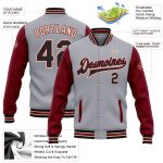 Custom Name and Number Gray Black Crimson Two Tone Bomber Varsity Letterman Jacket - Personalized Full-Snap Team Jacket Personalized