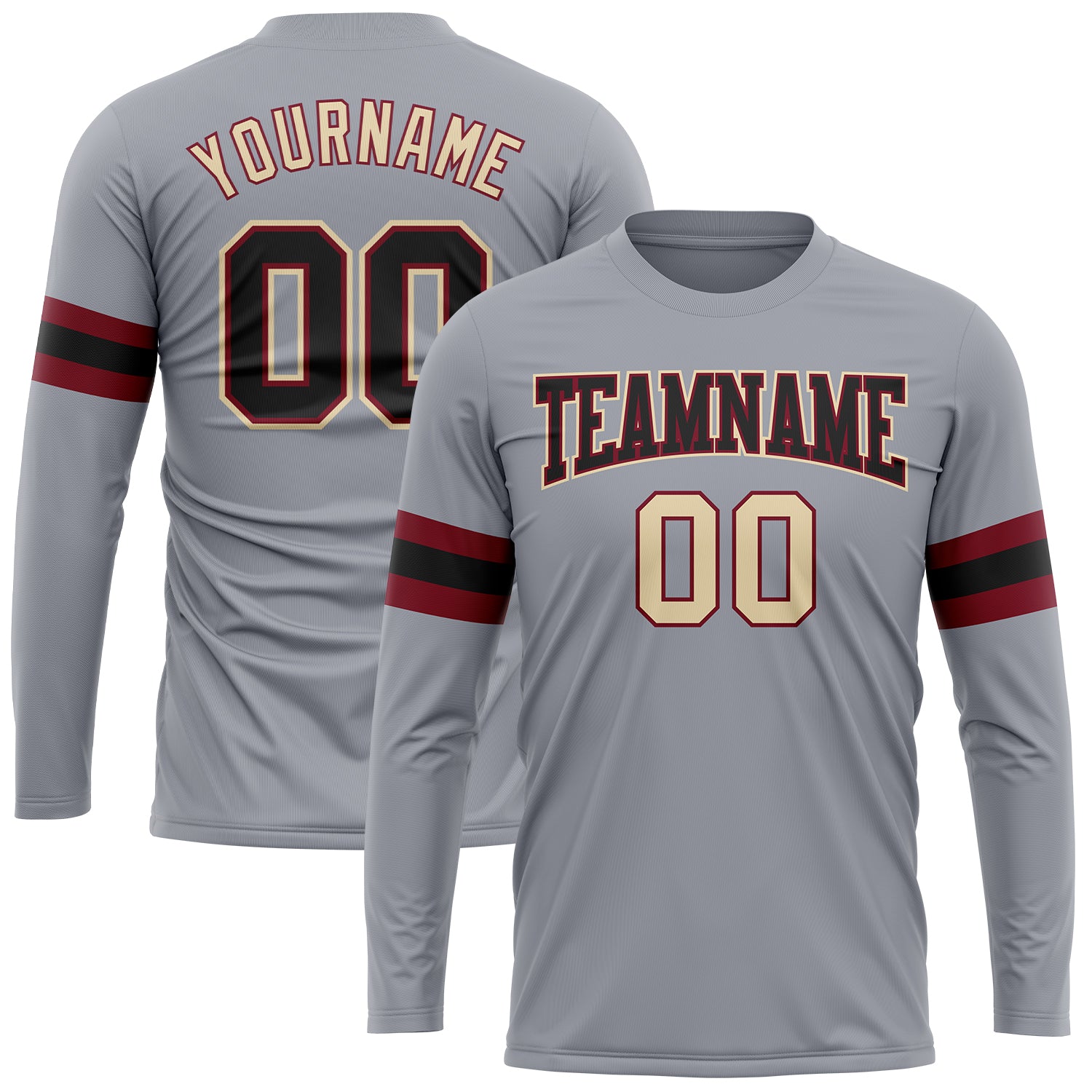 Custom Team Name and Number Long Sleeve Performance T-Shirt - Personalized Gray Black Crimson-Cream Personalized Gray Black