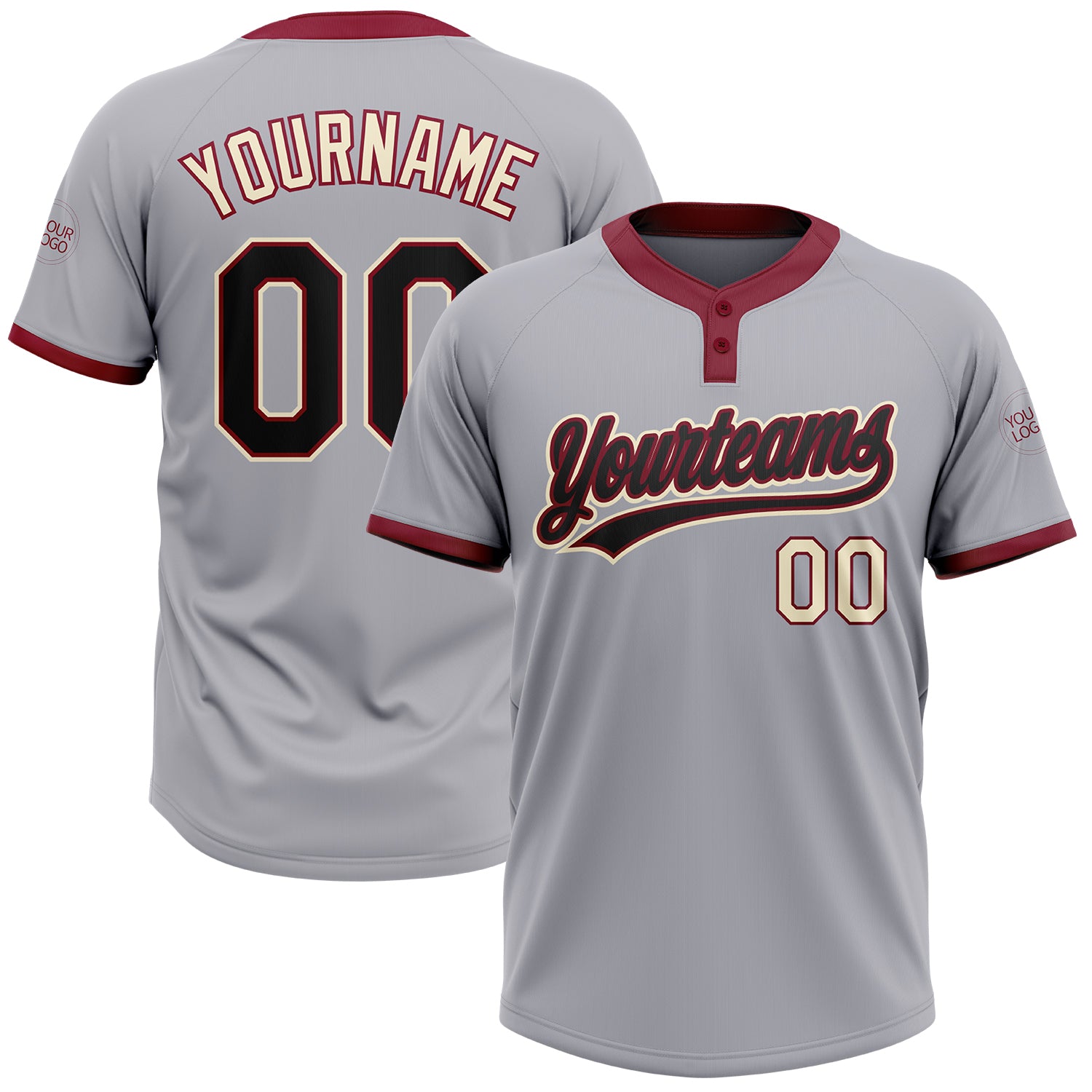Custom Two-Button Softball Jersey - Personalized Unisex Gray Black Crimson-Cream with Team Name and Number Personalized Gray
