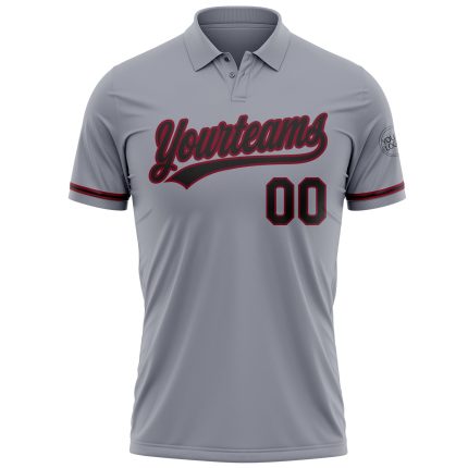 Custom Personalized Golf Polo Shirt - Gray Black-Crimson Performance with Team Name and Number Personalized Gray Black-Crimson