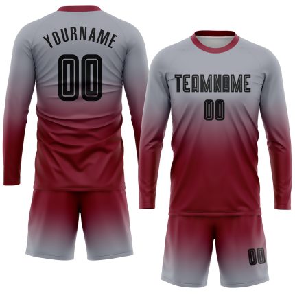 Custom Soccer Uniform Jersey with Name & Number - Personalized Gray Black-Crimson Long Sleeve Fade Design Personalized Gray