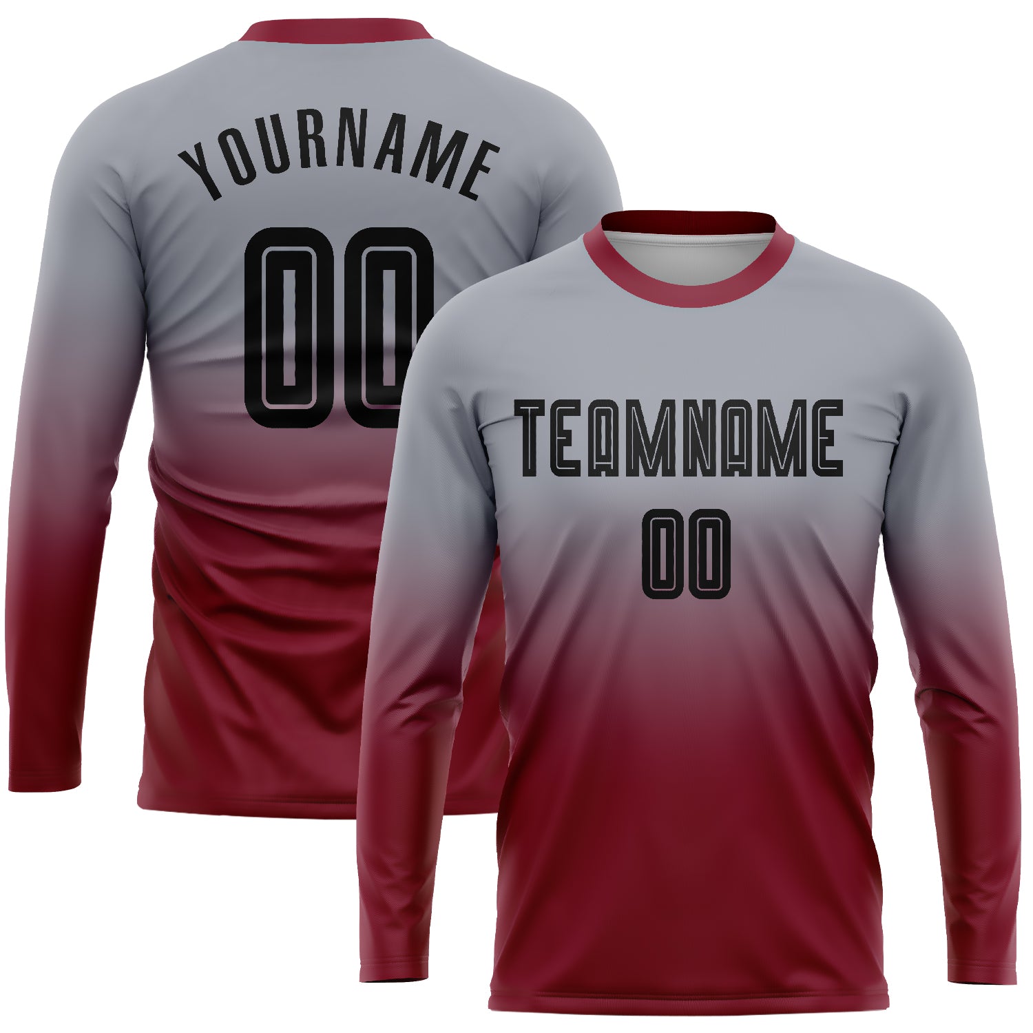 Custom Soccer Uniform Jersey with Name & Number - Personalized Gray Black-Crimson Long Sleeve Fade Design Personalized Gray