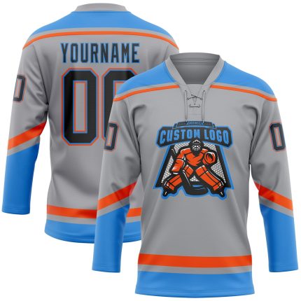 Custom Team Jersey with Personalized Name and Number - Gray Black Electric Blue-Orange Lace Neck Hockey Apparel Personalized