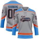Custom Team Jersey with Personalized Name and Number - Gray Black Electric Blue-Orange Lace Neck Hockey Apparel Personalized