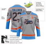 Custom Team Jersey with Personalized Name and Number - Gray Black Electric Blue-Orange Lace Neck Hockey Apparel Personalized