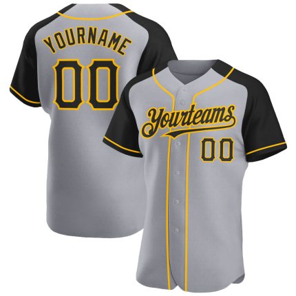 Custom Personalized Baseball Jersey with Gray Black and Gold Raglan Sleeves - Team Name and Number Personalized Gray Black-Gold