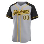 Custom Personalized Baseball Jersey with Gray Black and Gold Raglan Sleeves - Team Name and Number Personalized Gray Black-Gold