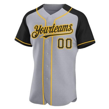 Custom Personalized Baseball Jersey with Gray Black and Gold Raglan Sleeves - Team Name and Number Personalized Gray Black-Gold