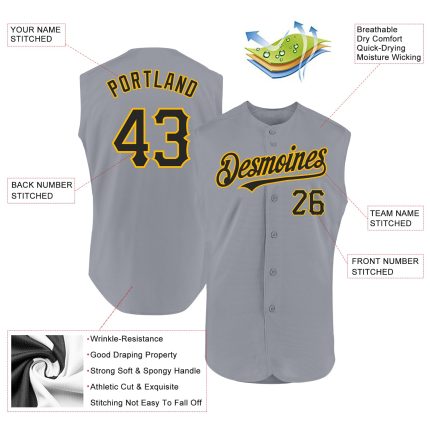 Personalized Authentic Gray Black-Gold Sleeveless Baseball Jersey for Men Personalized Gray Black-Gold Authentic Sleeveless