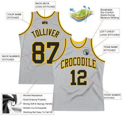Custom Personalized Basketball Jersey - Gray Black Gold Authentic Throwback with Name and Number Personalized Gray Black-Gold