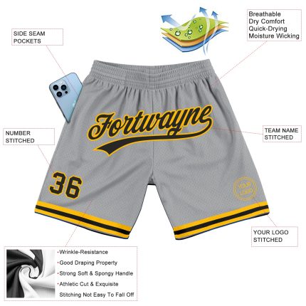 Personalized Authentic Basketball Shorts in Gray Black Gold - Comfortable Throwback Style Personalized Gray Black-Gold Authentic