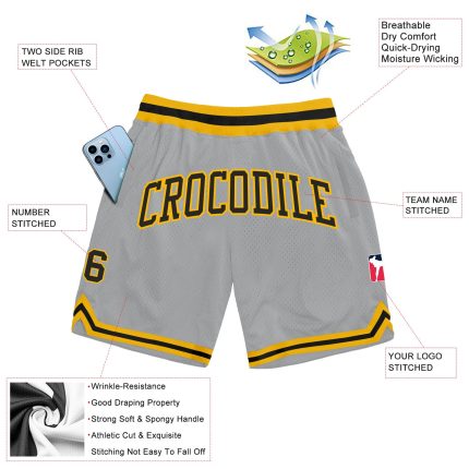 Custom Name Number Basketball Shorts - Personalized Gray Black-Gold Authentic Throwback Design Personalized Gray Black-Gold
