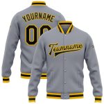 Custom Team Name Number Gray Black Gold Bomber Varsity Full-Snap Letterman Jacket Personalized Gray Black-Gold Bomber Full-Snap