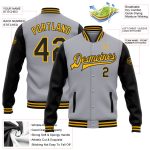 Personalized Gray Black Gold Varsity Letterman Two Tone Bomber Jacket Full-Snap Personalized Gray Black-Gold Bomber Full-Snap