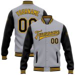 Personalized Gray Black Gold Varsity Letterman Two Tone Bomber Jacket Full-Snap Personalized Gray Black-Gold Bomber Full-Snap