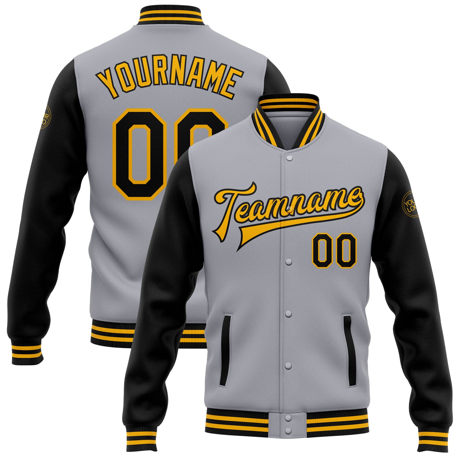 Personalized Gray Black Gold Varsity Letterman Two Tone Bomber Jacket Full-Snap Personalized Gray Black-Gold Bomber Full-Snap