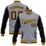 Custom Personalized Varsity Letterman Jacket Gray Black Gold Full-Snap Two Tone with Team Name and Number Personalized Gray