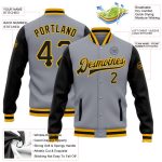 Custom Personalized Varsity Letterman Jacket Gray Black Gold Full-Snap Two Tone with Team Name and Number Personalized Gray
