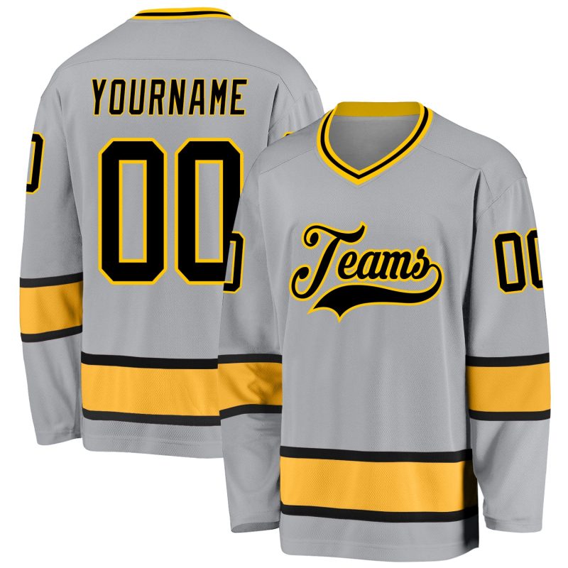 Custom Name Number Hockey Jersey - Personalized Gray Black Gold Team Jersey Personalized Gray Black-Gold Hockey Jersey Team