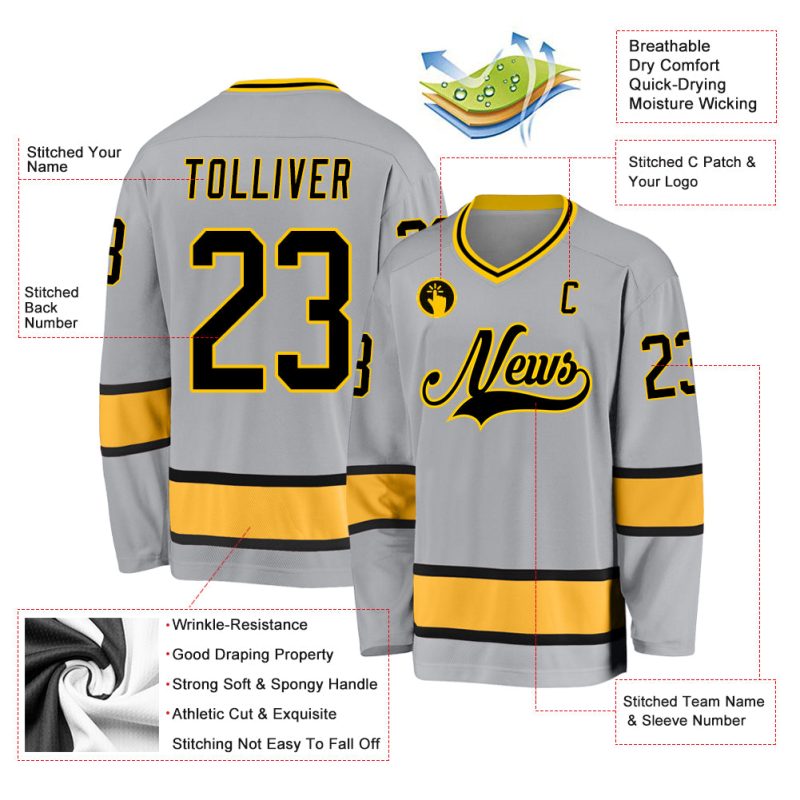 Custom Name Number Hockey Jersey - Personalized Gray Black Gold Team Jersey Personalized Gray Black-Gold Hockey Jersey Team