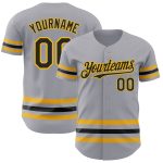Custom Name and Number Authentic Baseball Jersey - Personalized Gray Black Gold Line Design Personalized Gray Black-Gold