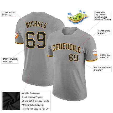 Custom Performance T-Shirt with Personalized Name and Number - Gray Black-Gold Team Apparel Personalized Gray Black-Gold