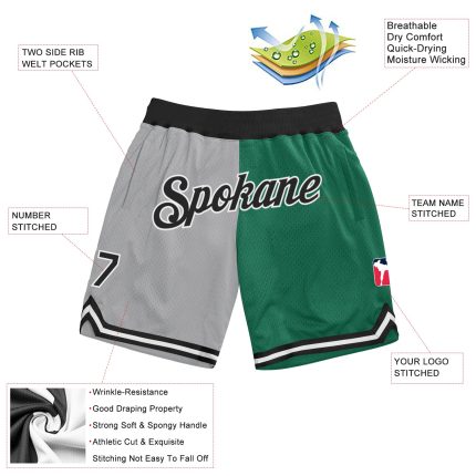Custom Authentic Basketball Shorts with Name and Number - Gray Black Kelly Green Throwback Split Fashion Personalized Gray