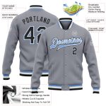 Custom Varsity Letterman Jacket - Personalized Gray Black Light Blue Bomber with Team Name and Number Personalized Gray Black-Light
