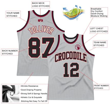 Custom Basketball Jersey with Personalized Name & Number - Gray Black Maroon Authentic Throwback Design Personalized Gray