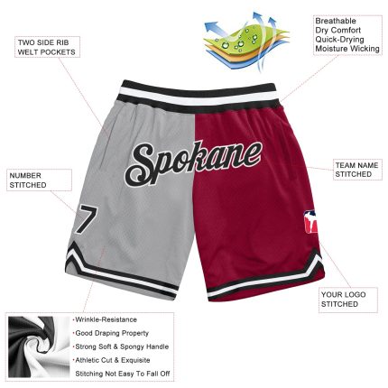 Custom Basketball Shorts with Name & Number - Personalized Gray Black-Maroon Authentic Throwback Split Style Personalized
