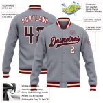 Custom Team Name and Number Bomber Varsity Jacket in Gray Black Maroon Cream - Full-Snap Letterman Style Personalized Gray