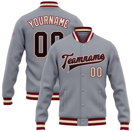 Custom Team Name and Number Bomber Varsity Jacket in Gray Black Maroon Cream - Full-Snap Letterman Style Personalized Gray