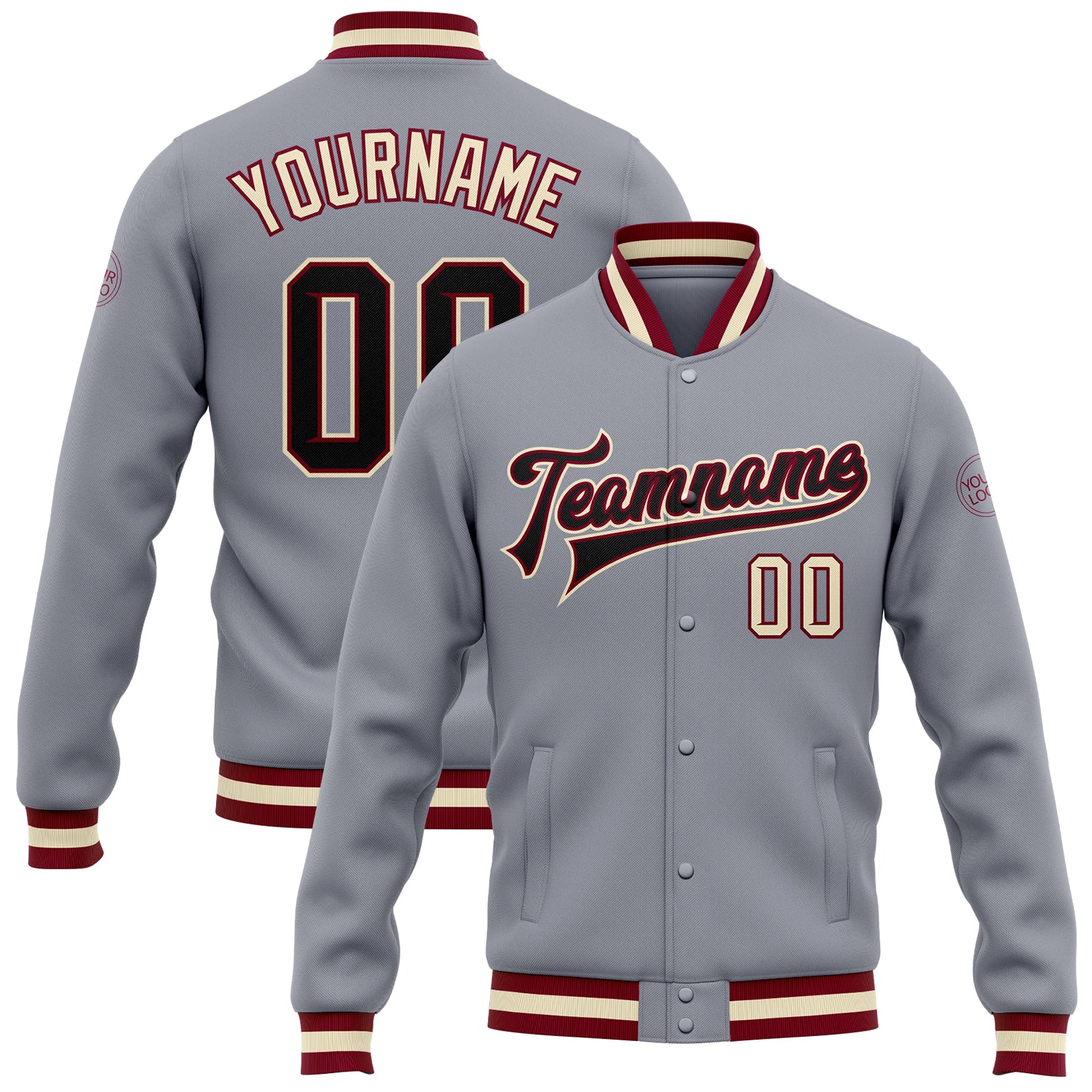 Custom Team Name and Number Bomber Varsity Jacket in Gray Black Maroon Cream - Full-Snap Letterman Style Personalized Gray