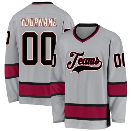 Custom Name and Number Personalized Hockey Jersey - Gray Black-Maroon Team Apparel Personalized Gray Black-Maroon Hockey