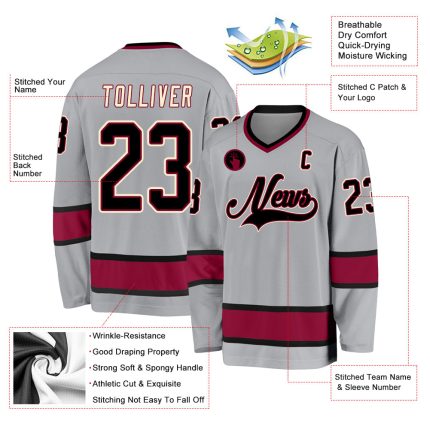 Custom Name and Number Personalized Hockey Jersey - Gray Black-Maroon Team Apparel Personalized Gray Black-Maroon Hockey