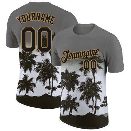 Personalized Tropical Hawaii Palms Trees Performance T-Shirt - Gray Black Gold 3D Design with Custom Name and Number Personalized