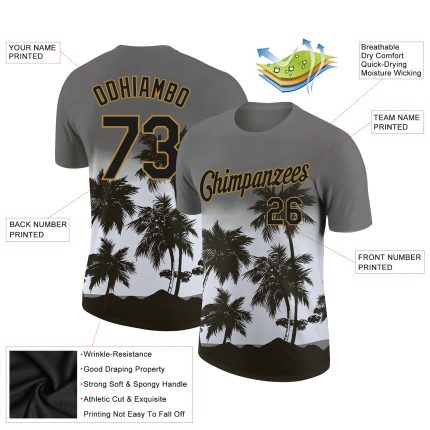 Personalized Tropical Hawaii Palms Trees Performance T-Shirt - Gray Black Gold 3D Design with Custom Name and Number Personalized