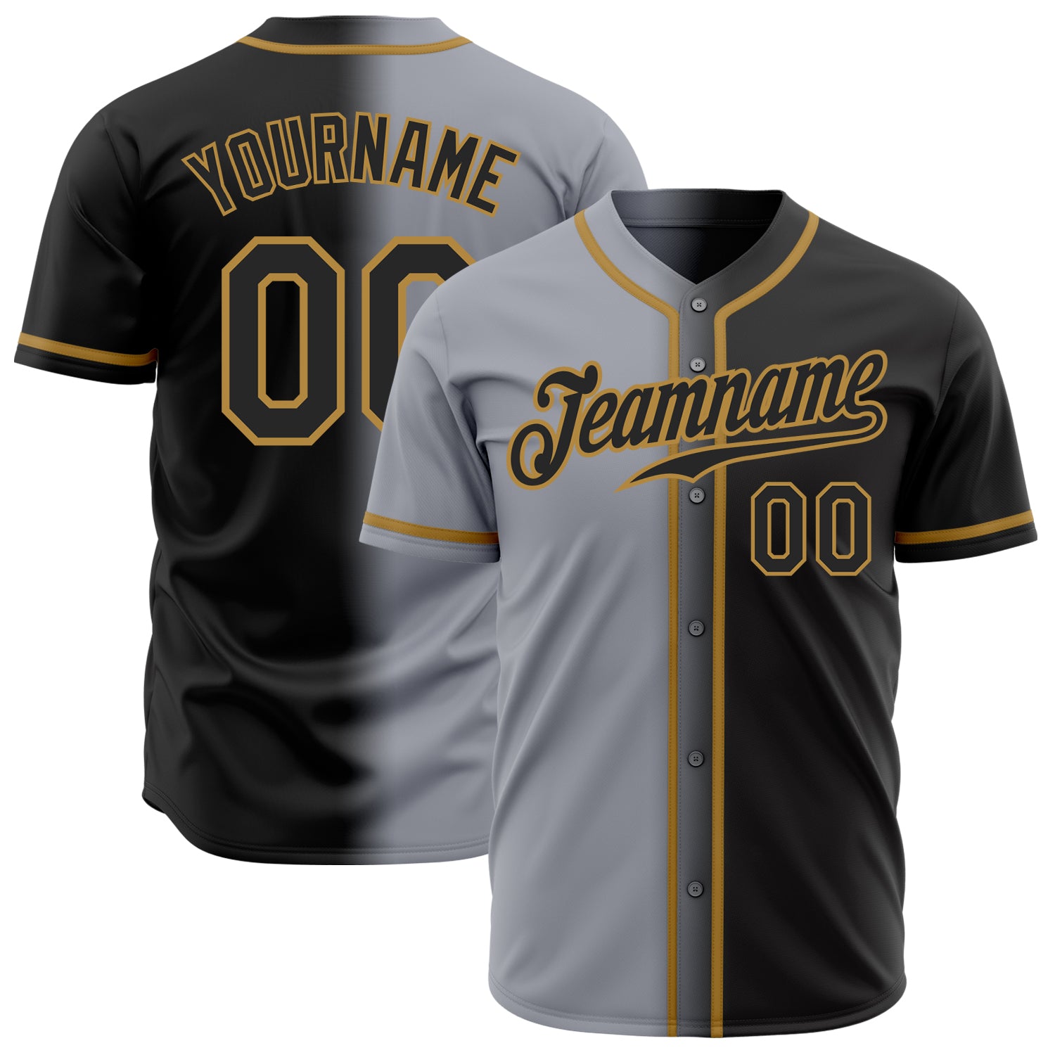 Custom Name and Number Baseball Jersey - Personalized Gradient Gray and Black with Old Gold Highlights Personalized Gray